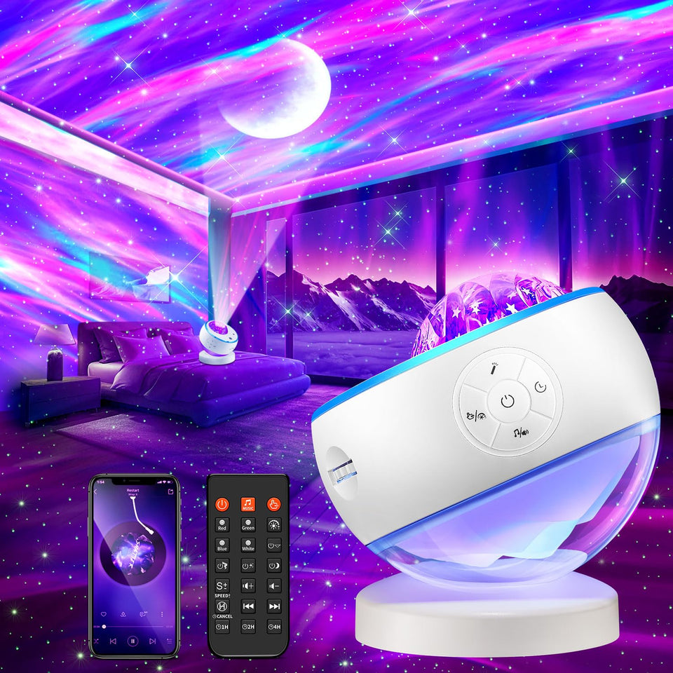 One Fire Northern Lights Projector displays aurora colors for a cozy bedroom ambiance