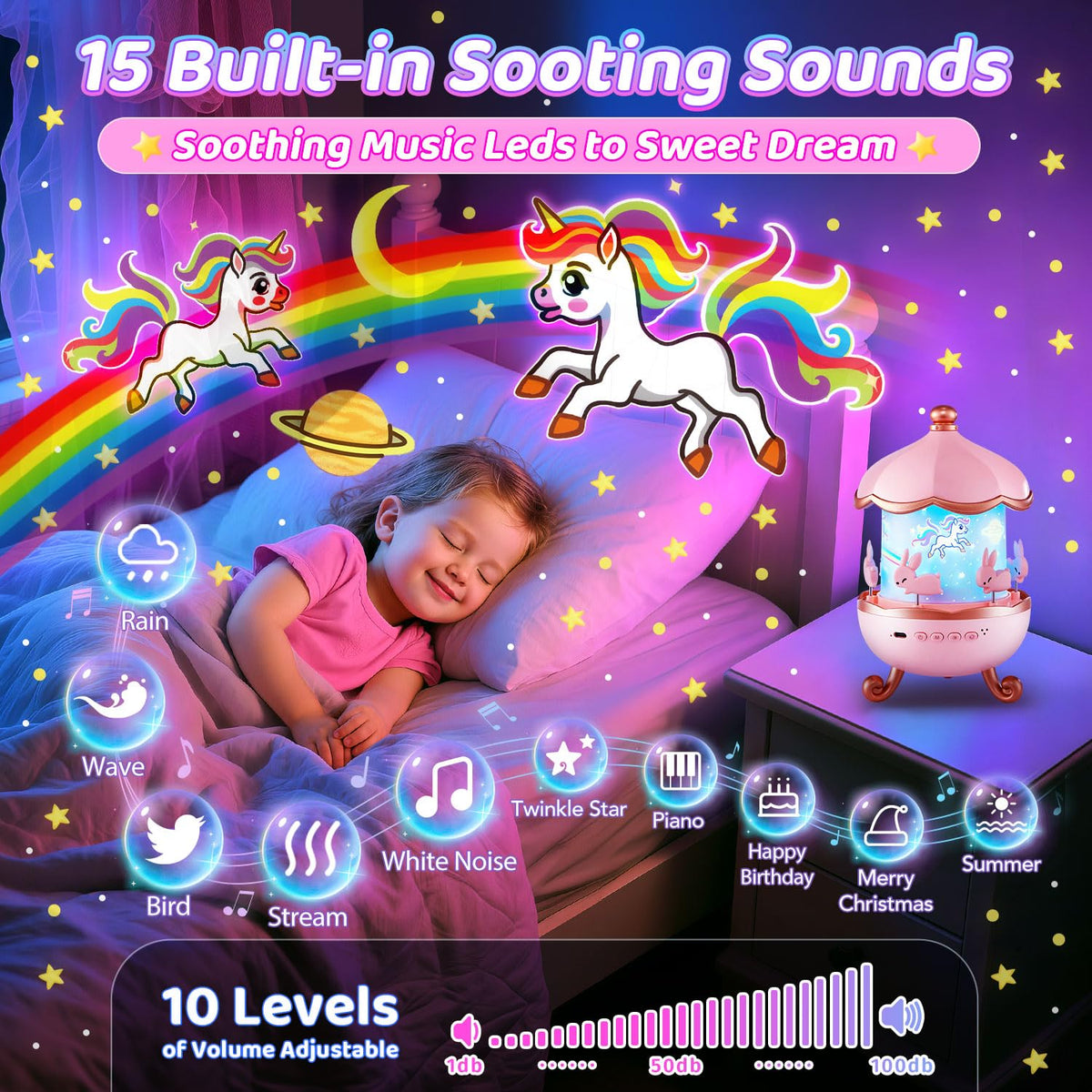 One Fire unicorn night light offers 15 soothing sounds for calm routines.