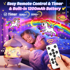 One Fire unicorn night light showcases castle design for cute room decor.