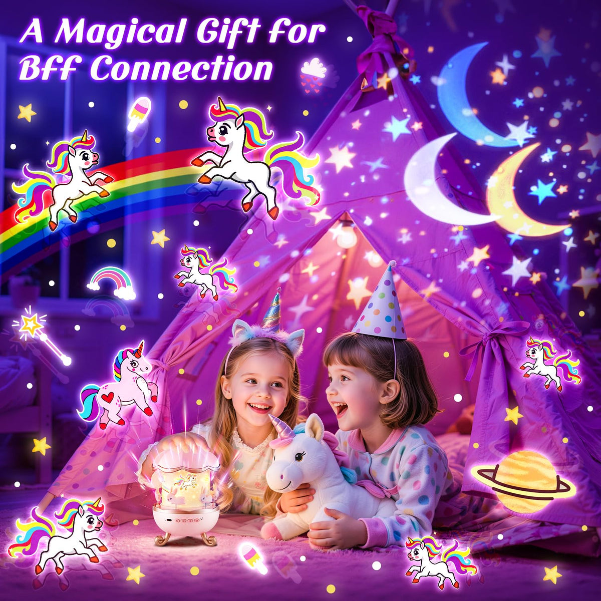 One Fire unicorn night light arrives gift-ready in decorative packaging.