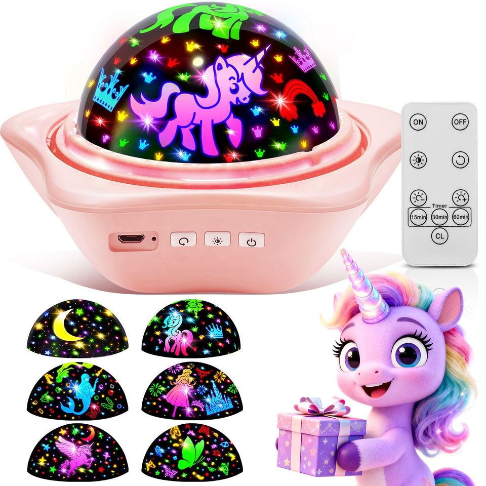 One Fire Unicorn Night Light Projector showing six slides for dreamy bedtime scenes