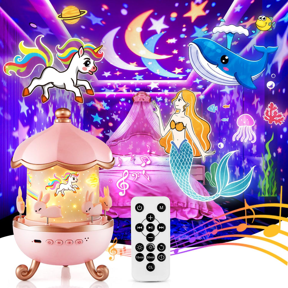 One Fire unicorn night light projector displays the main scene for bedtime.