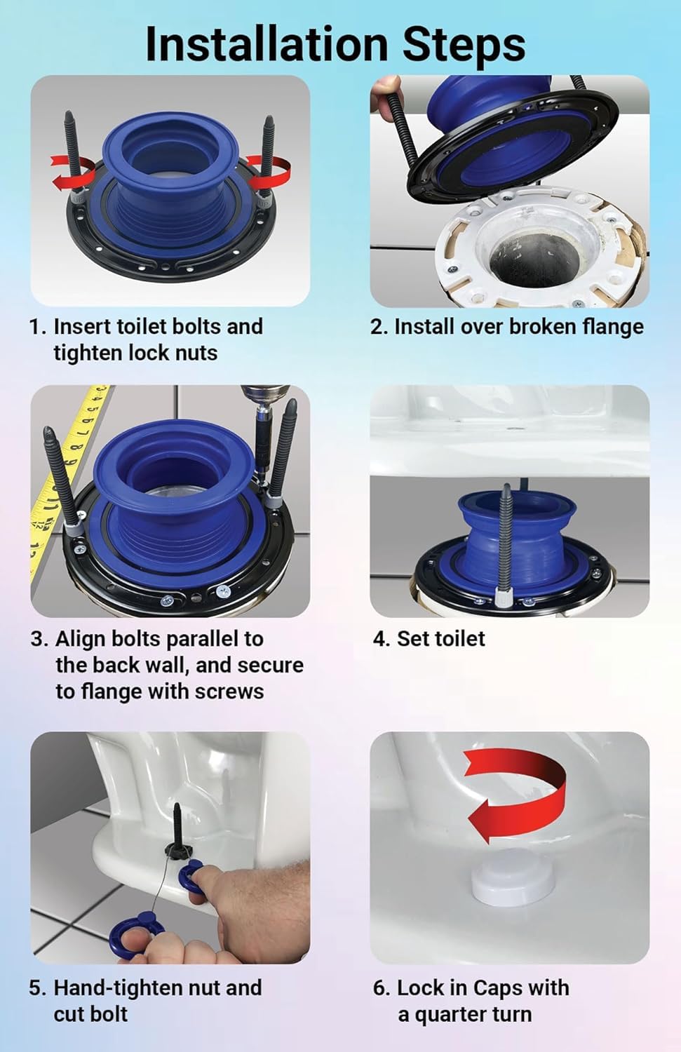 One-N-Done bolts and caps simplify alignment for a secure toilet installation.