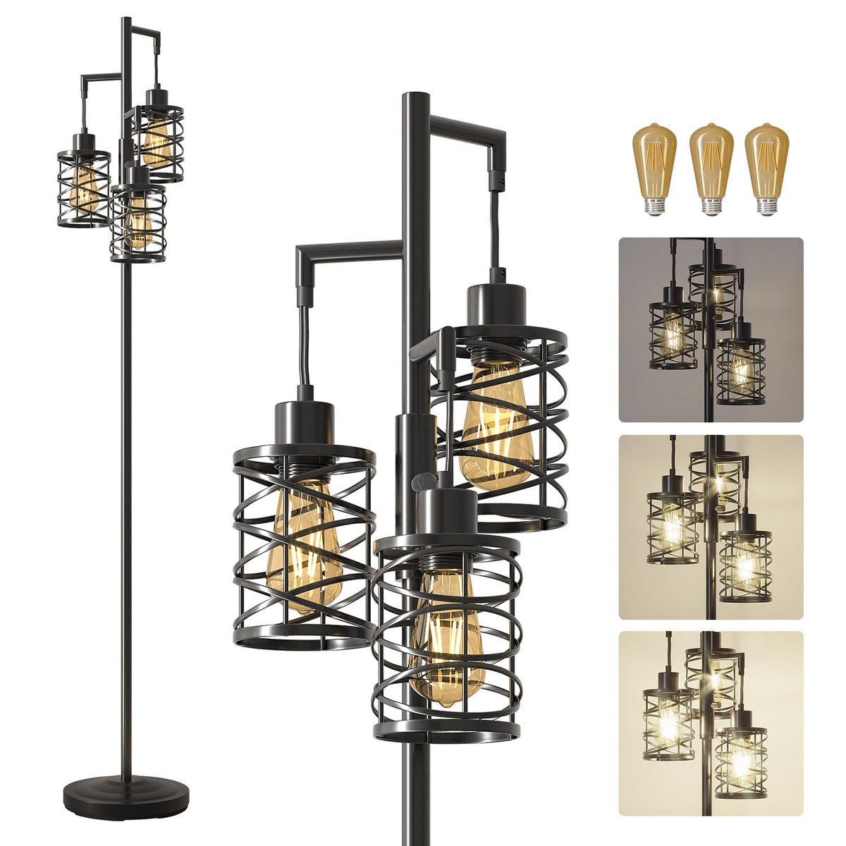 Oneach 70-inch lamp with three cage shades for versatile living room lighting