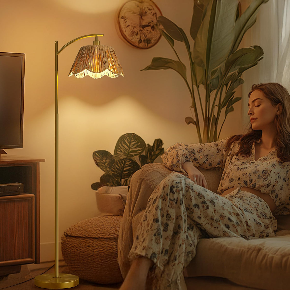 Oneach Arc Floor Lamp tall 62.5 inch height beside a sofa.