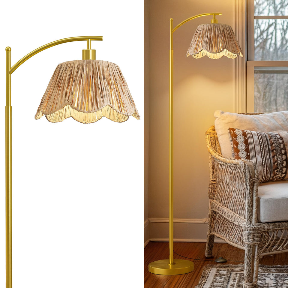 Oneach Arc Floor Lamp shade closeup showing hand-woven rattan texture for cozy living room ambiance.