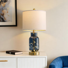 Oneach blue glass lamp body close-up shows clear craftsmanship