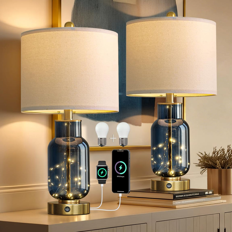 Oneach blue glass table lamp set on nightstands; adds ambient glow