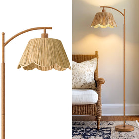 Oneach Rattan Floor Lamp shade closeup shows handwoven texture and boho charm.