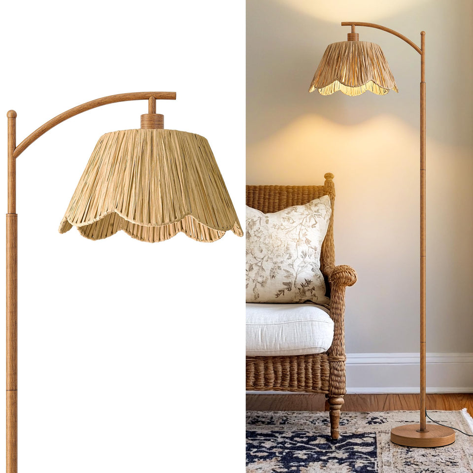 Oneach Rattan Floor Lamp shade closeup shows handwoven texture and boho charm.