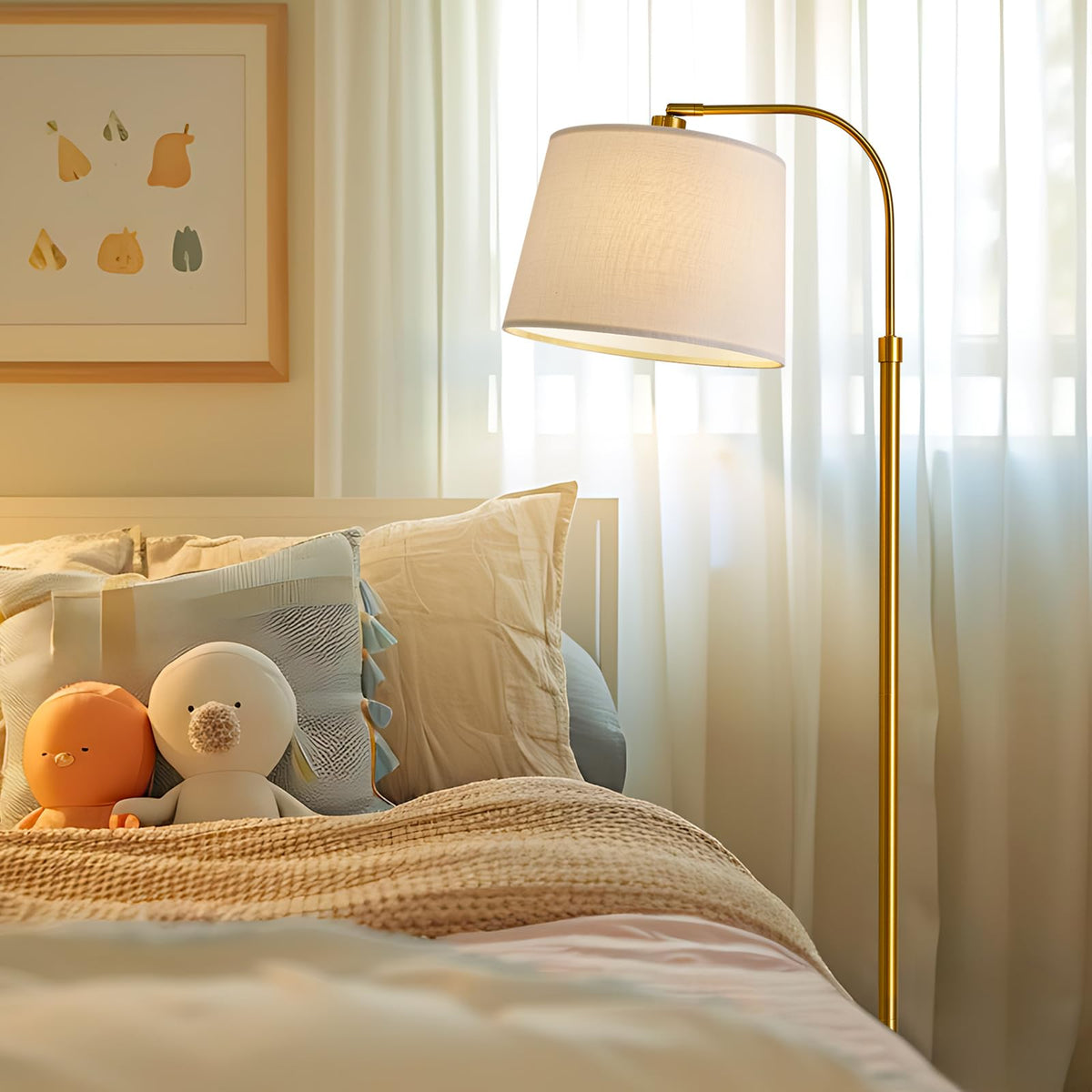 Oneach white linen shade diffuses light for a cozy living room atmosphere.