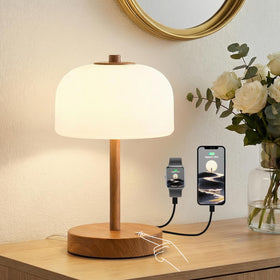 Oneach wood grain metal base lamp adds cozy, modern bedside lighting