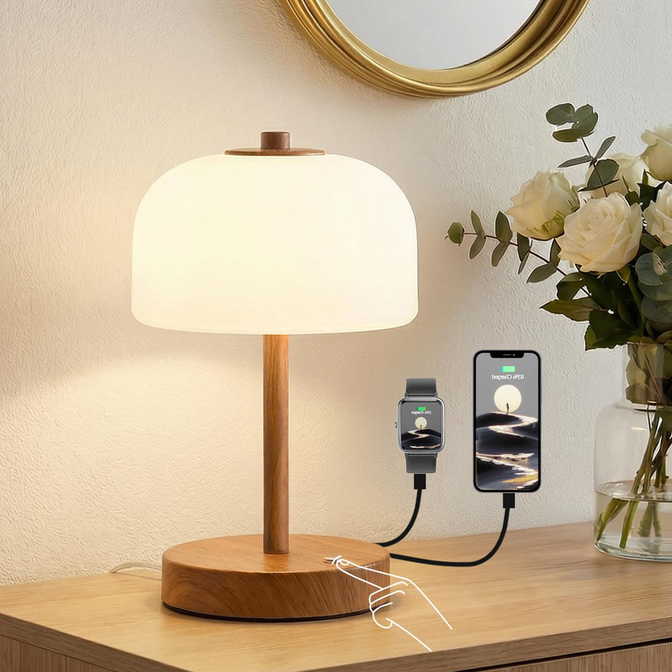 Oneach wood grain metal base lamp adds cozy, modern bedside lighting