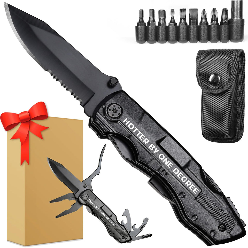 ONEAGE HOTTER BY ONE DEGREE multitool knife front view for graduation gifts and outdoor use.