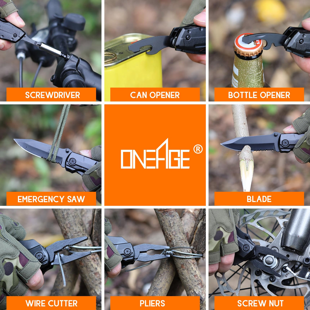 ONEAGE multitool knife close-up reveals sturdy steel construction.