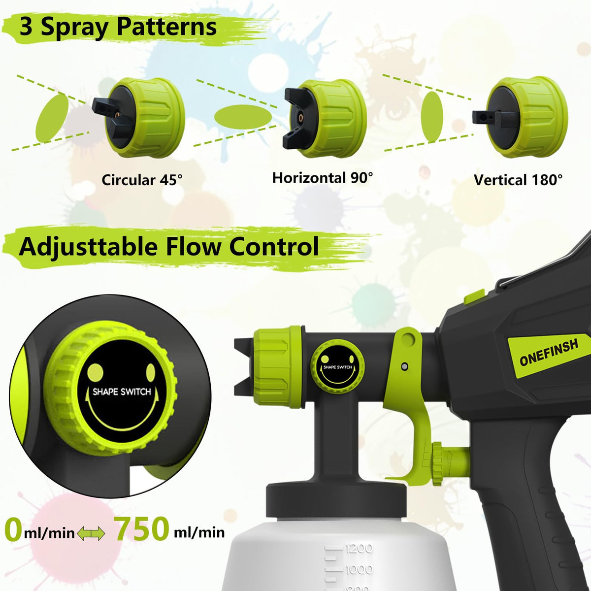 Onefinsh HVLP technology and 160W motor deliver a consistent finish.