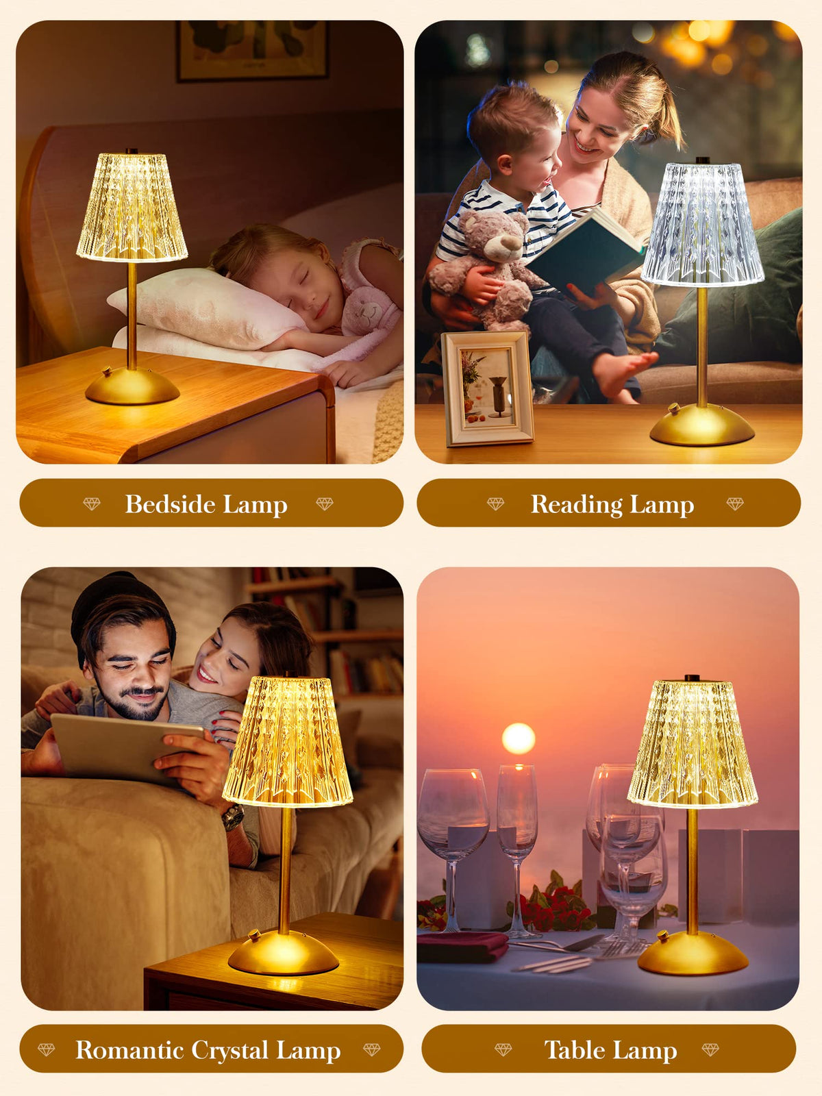 One Fire Crystal Lamp portable cordless design for easy room-to-room use.