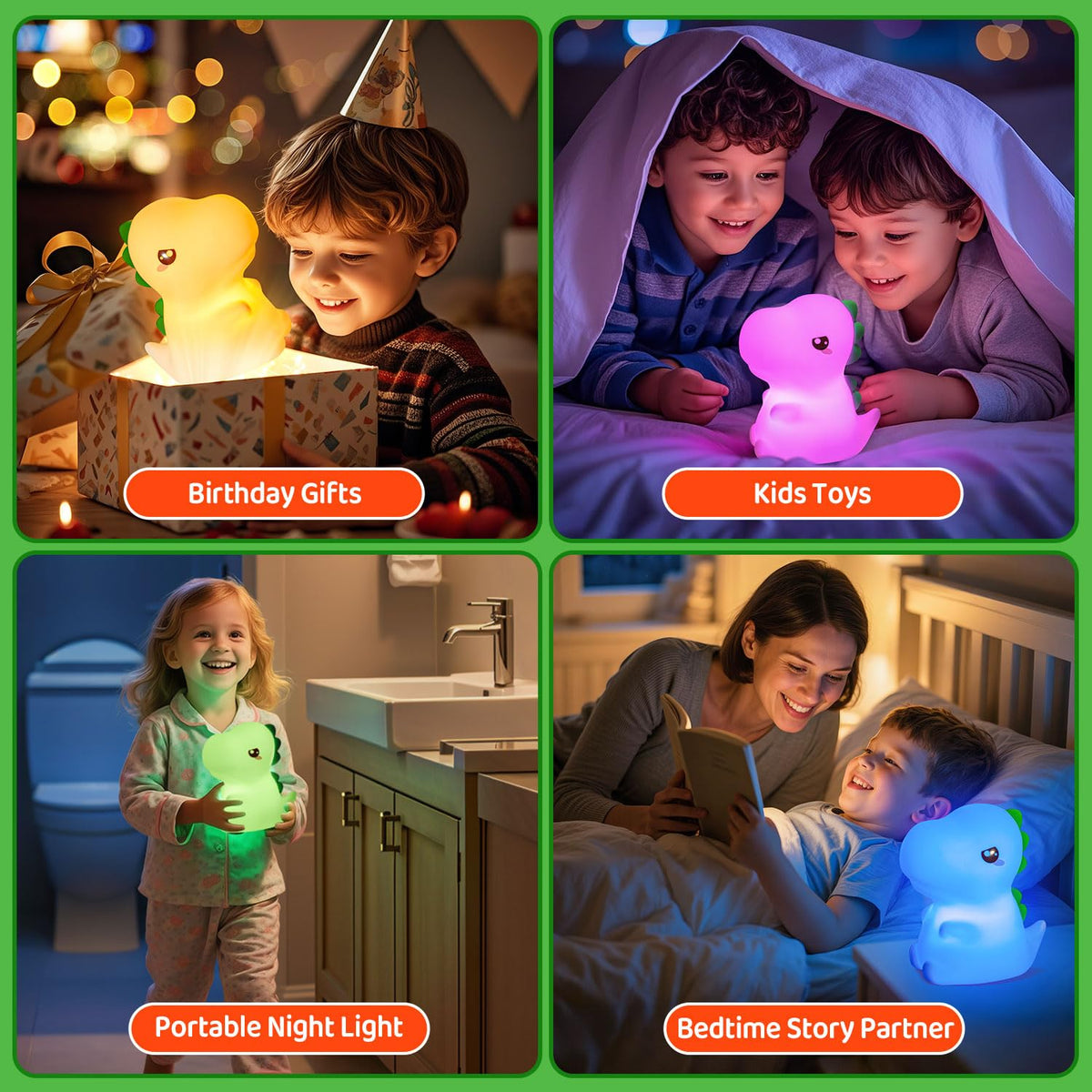 One Fire dinosaur night light features soft silicone with rounded edges