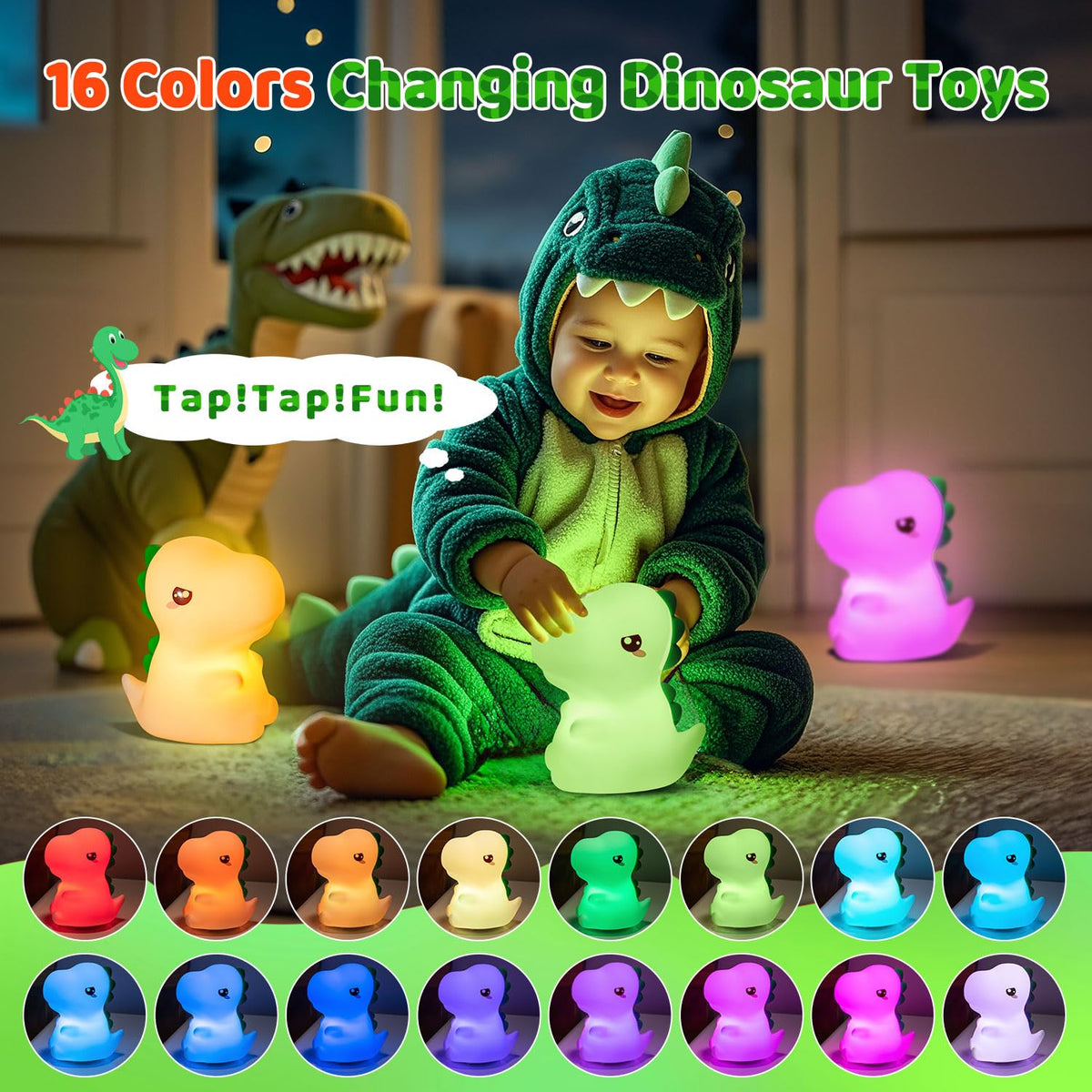 One Fire dinosaur night light showing tap control to switch colors