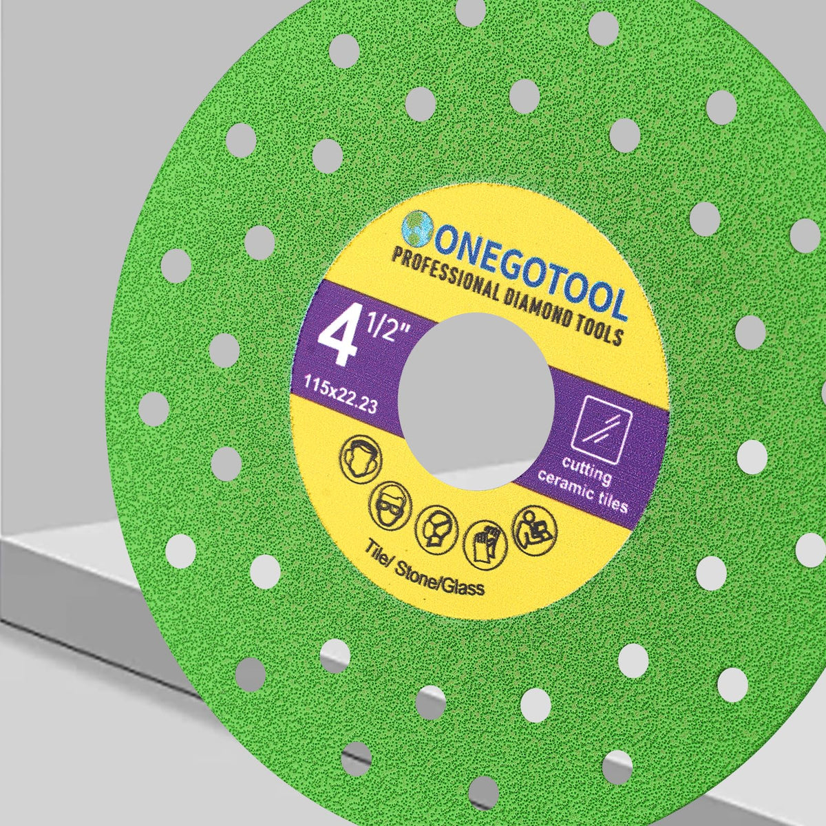 ONEGOTOOL saw disc performing grinding on glass and tile surfaces.