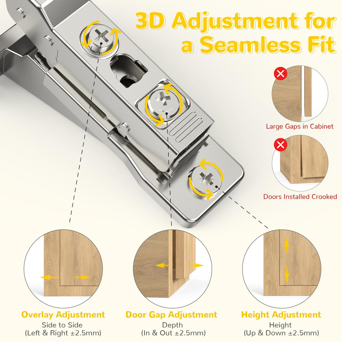 Onemake hinge demonstrating 110° opening for full cabinet access