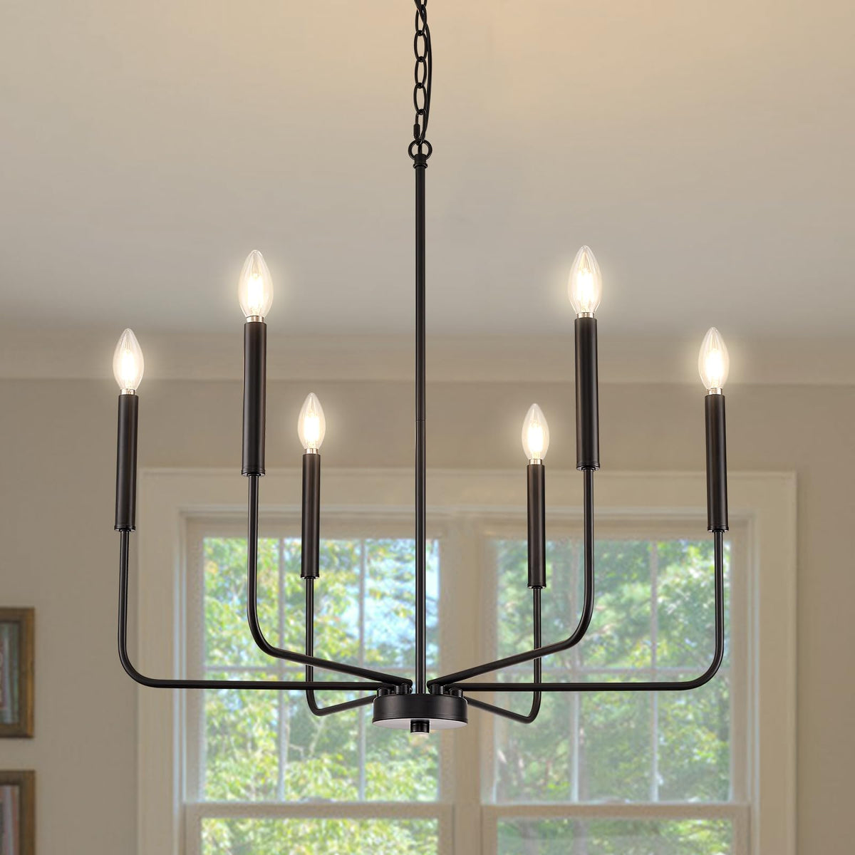 ONESMING modern black chandelier with candle arm design enhances dining room ambiance