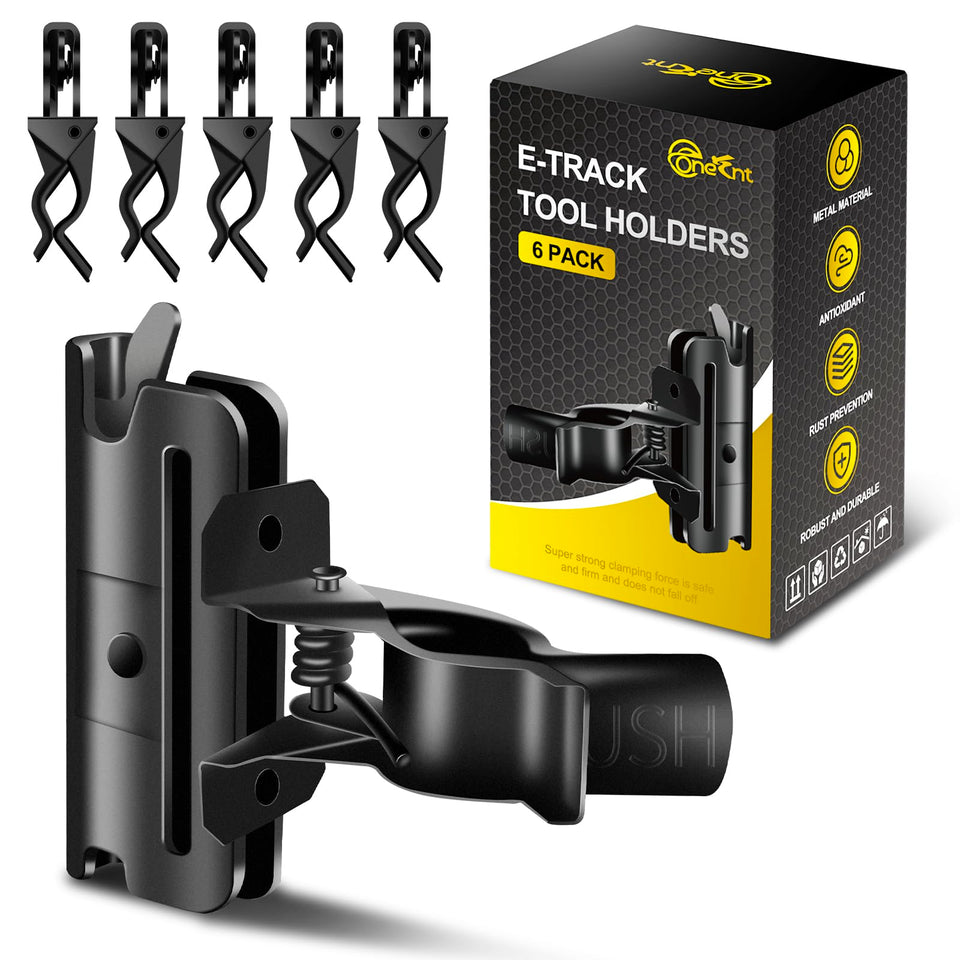 Onesnt 6-pack E-track tool holders organize rakes and shovels in your trailer.