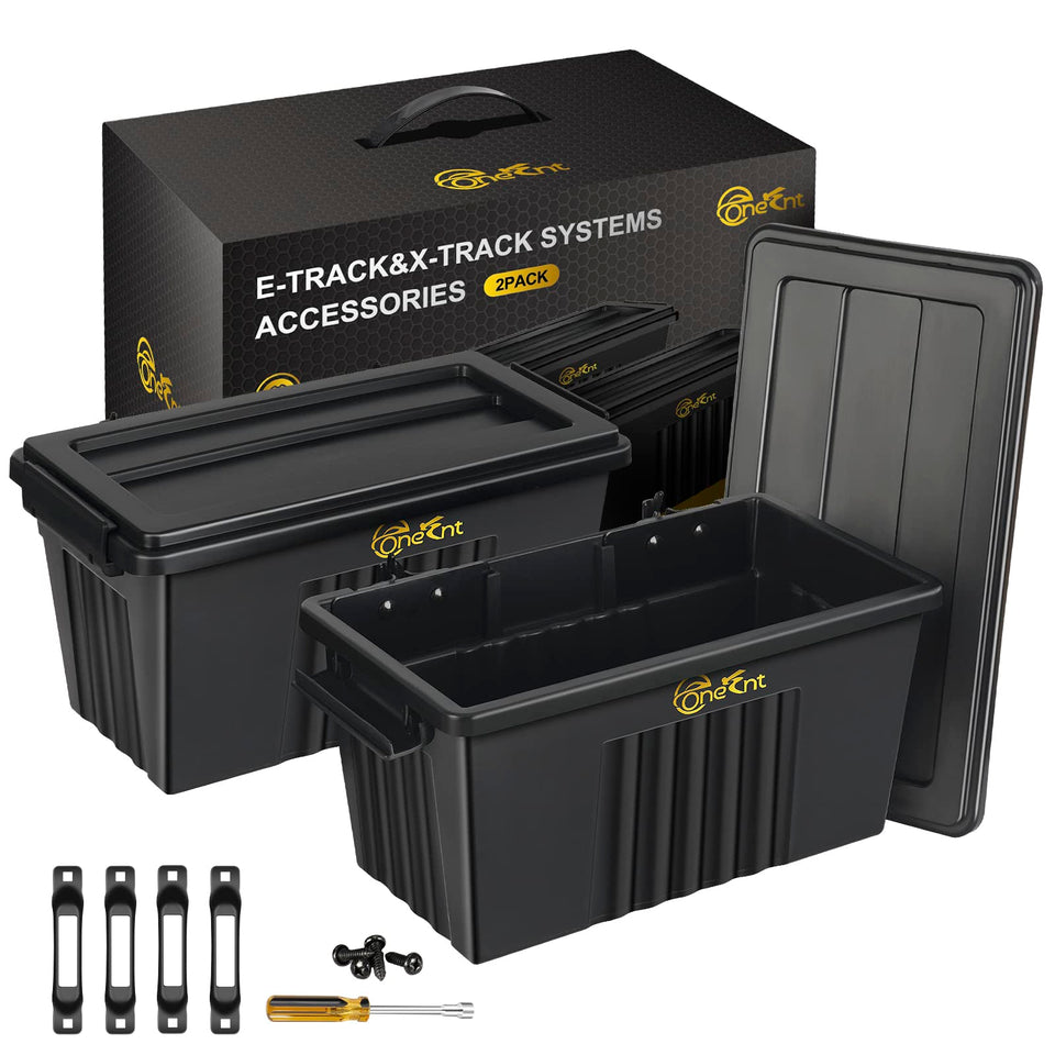Onesnt E-Track basket assembly for trailer storage and organization.
