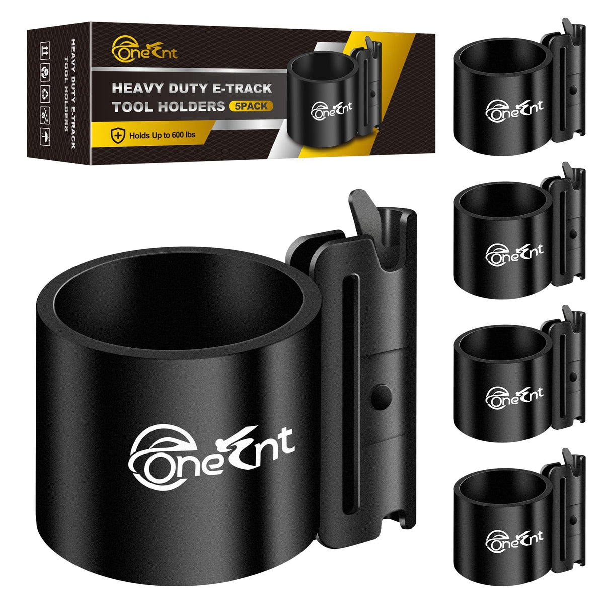 Onesnt e-track tool holders mounted in a trailer keeping rakes and shovels organized