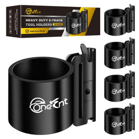 Onesnt e-track tool holders mounted in a trailer keeping rakes and shovels organized