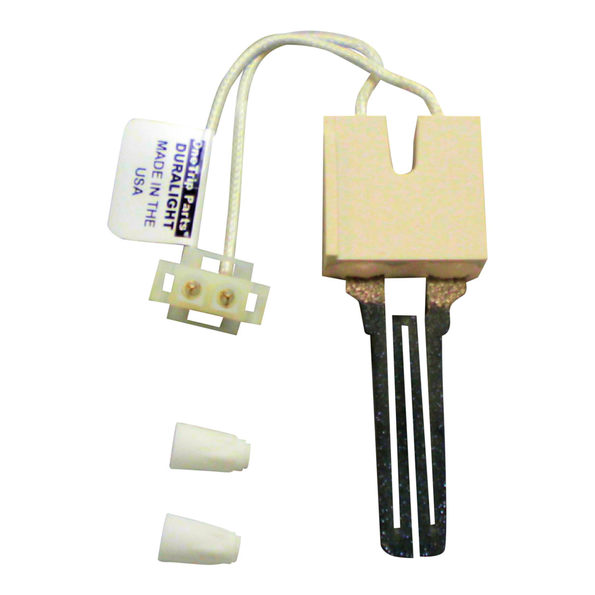 USA-made DURALIGHT ignitor compatible with Rheem, Ruud, WeatherKing models for hot surface ignition.