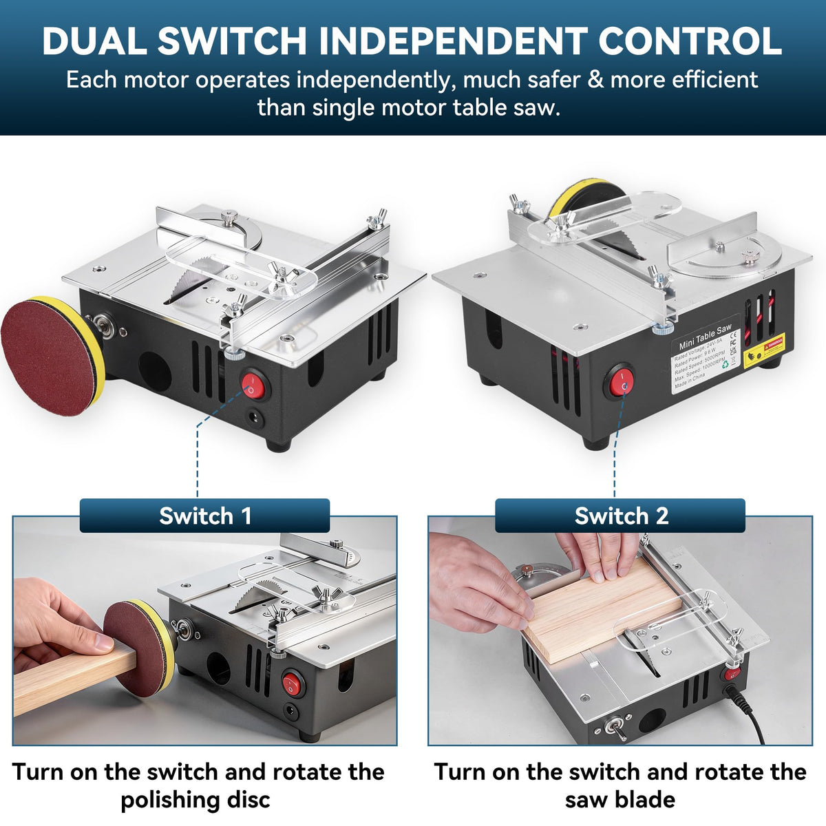 ONEVAN mini table saw dual switches for independent control and safety