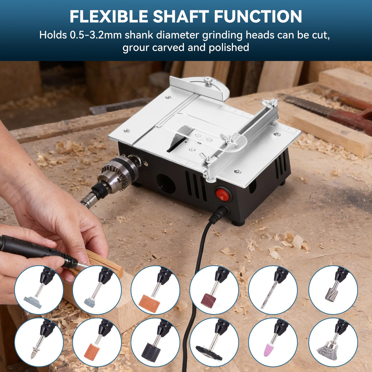ONEVAN mini table saw internal blade compartment protects motor from dust