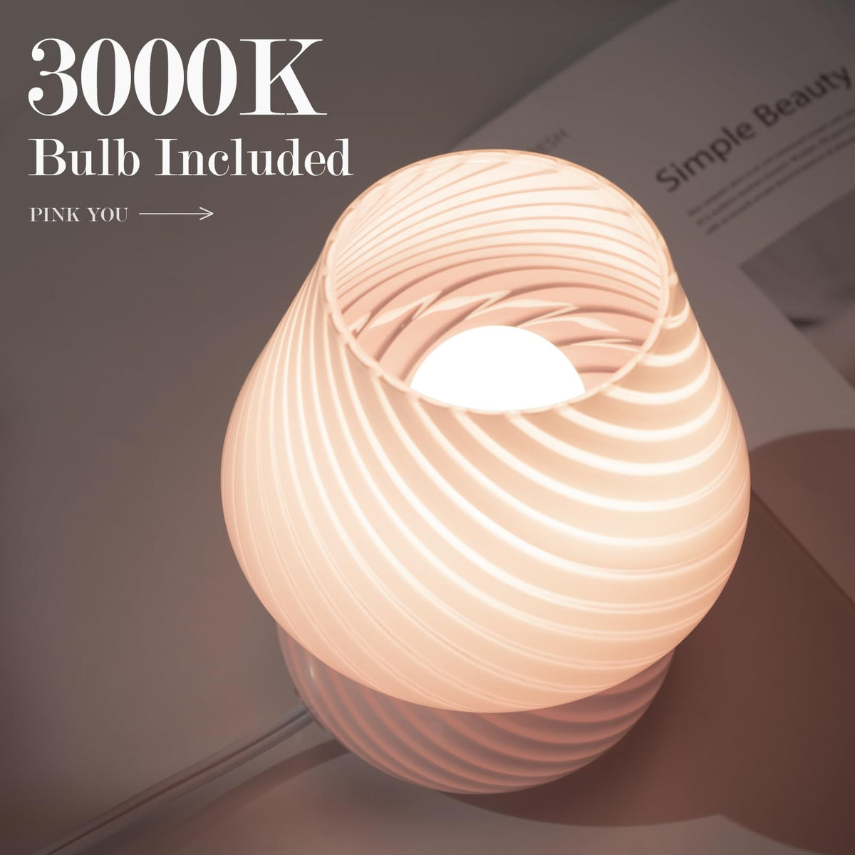 ONEWISH bedside lamp pink glass offers a low-profile, stylish bedside glow