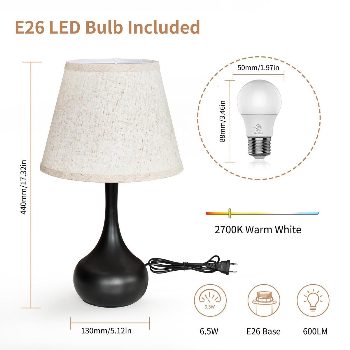 ONEWISH black matte metal lamp base complements farmhouse decor.