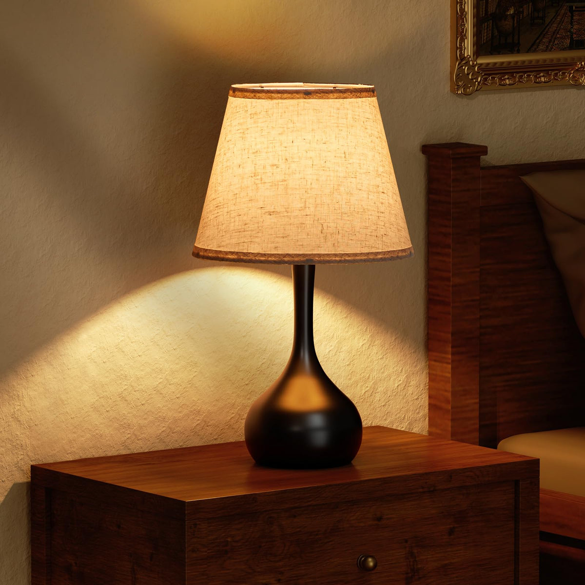 OneWISH farmhouse lamp with black base adds modern rustic vibe.