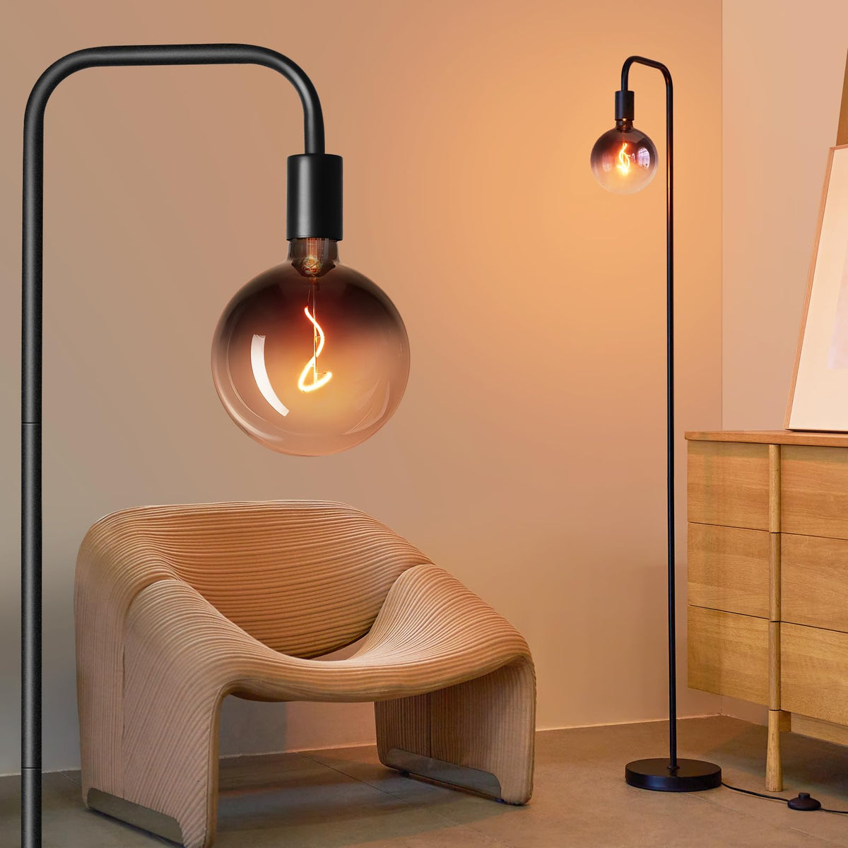 ONEWISH floor lamp with globe bulb 6inch provides warm mood lighting for a cozy living room setup