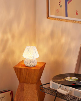 ONEWISH mushroom lamp on bedside with blue glass for cozy bedroom ambiance