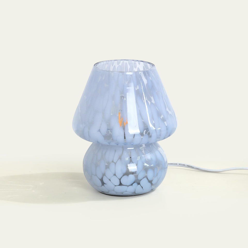 ONEWISH mushroom lamp blue glass close-up highlighting hand-blown Murano-style detail