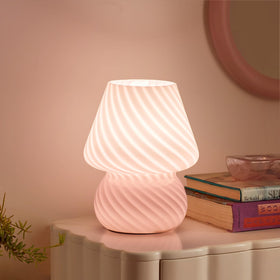 ONEWISH pink striped glass mushroom lamp creates cozy ambiance for living spaces