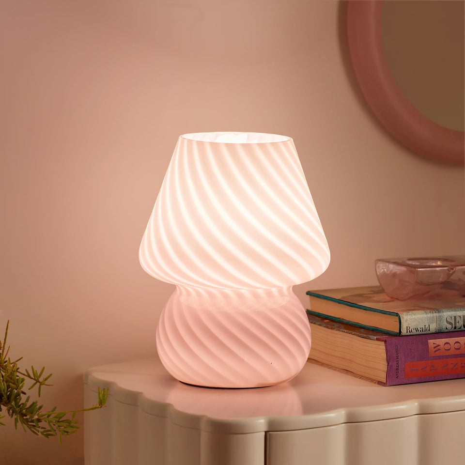 ONEWISH pink striped glass mushroom lamp creates cozy ambiance for living spaces