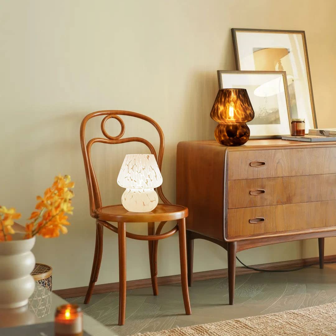 ONEWISH Mushroom Lamp on a sideboard adds decorative charm to dining area