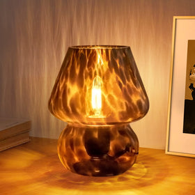 ONEWISH Mushroom Lamp close up in black glass showing hand blown texture for unique glow