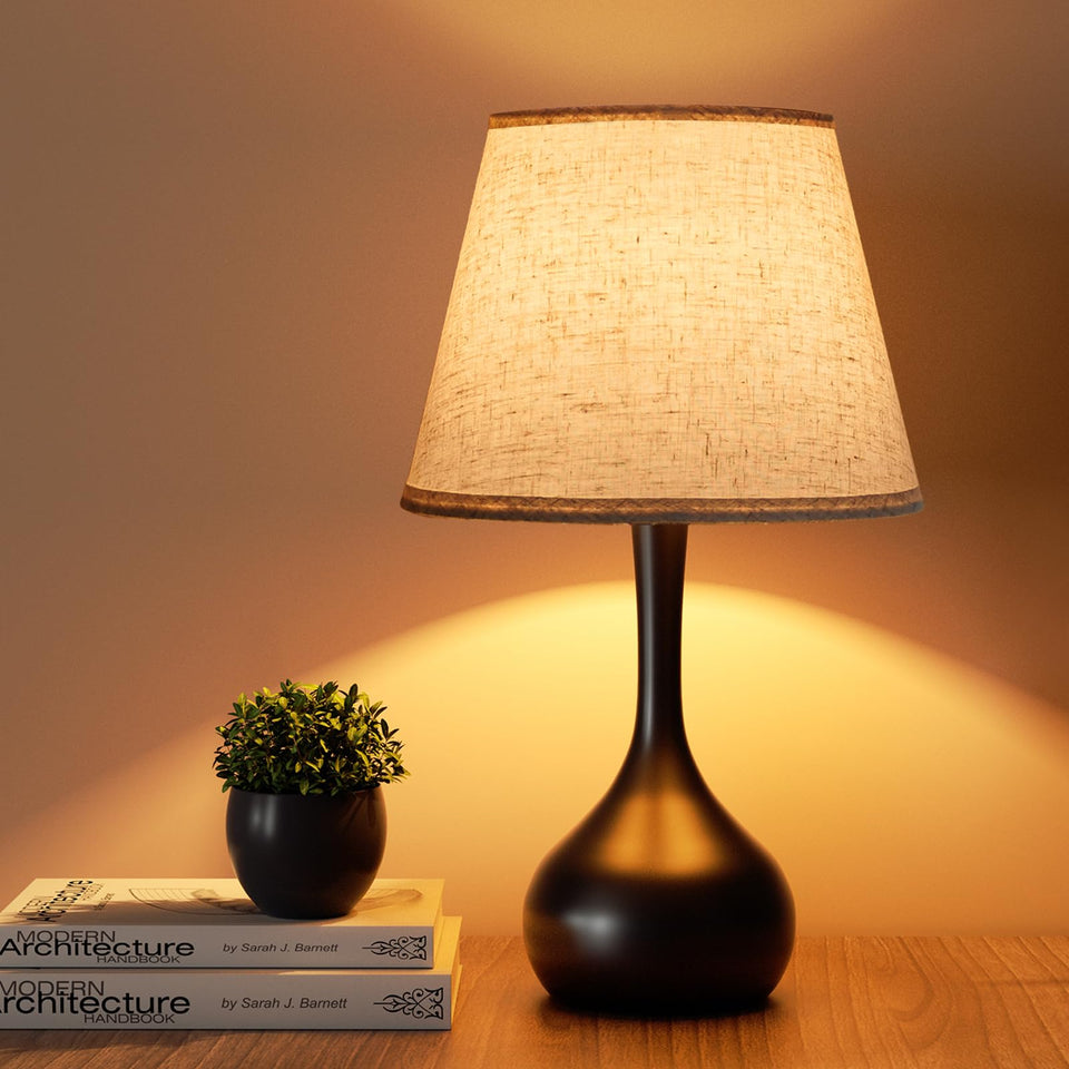 OneWISH touch bedside lamp with beige linen shade for soft bedroom lighting.
