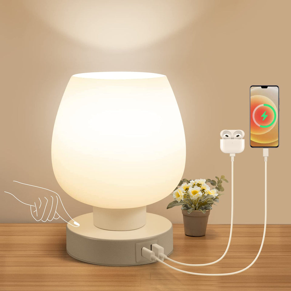 ONEWISH Touch bedside lamp showing USB-A-C ports for convenient charging