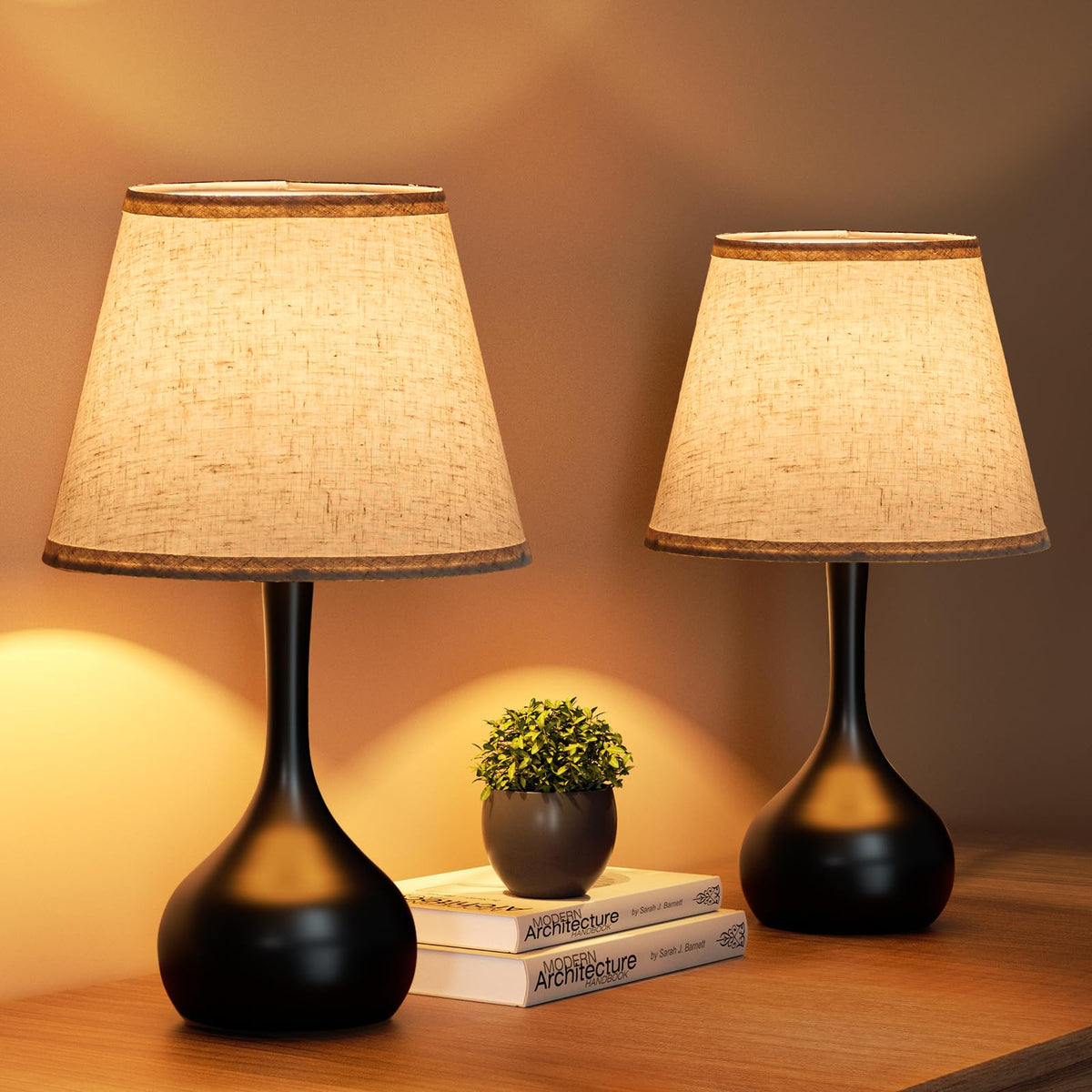 ONEWISH touch bedside lamps with beige shade offer soft three-stage dimming for reading.