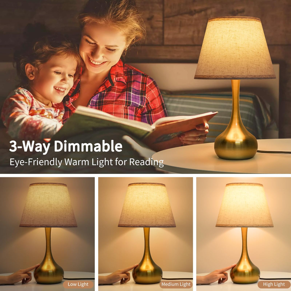 ONEWISH beige linen shade softens light for a cozy bedroom.