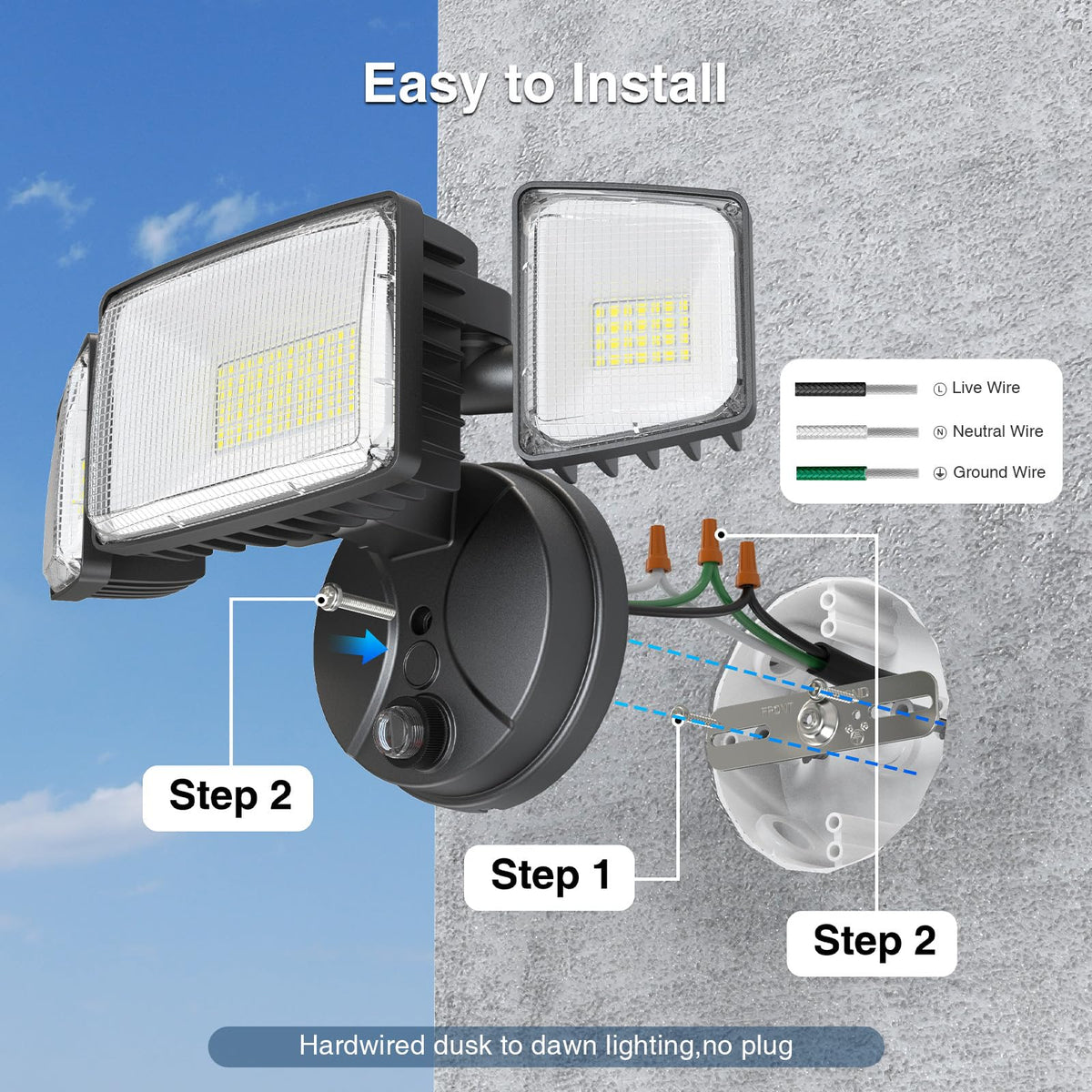 Onforu 100W dusk-to-dawn outdoor light, side view, three adjustable heads