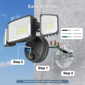 Onforu 100W dusk-to-dawn outdoor light, side view, three adjustable heads