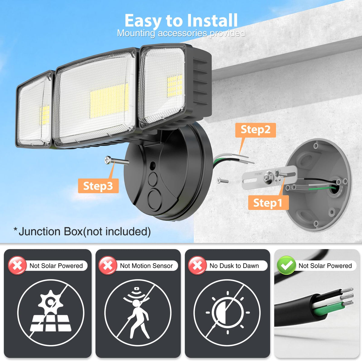 Onforu 100W flood light side angle showing wide coverage for garages and entryways.
